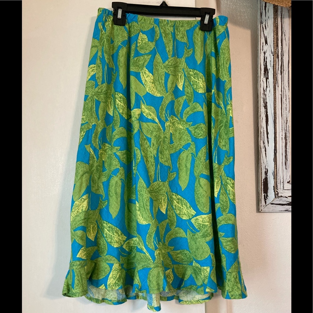 IVY 100% Linen Made In The USA Leaf Print Ruffled Hem Skirt Sz M